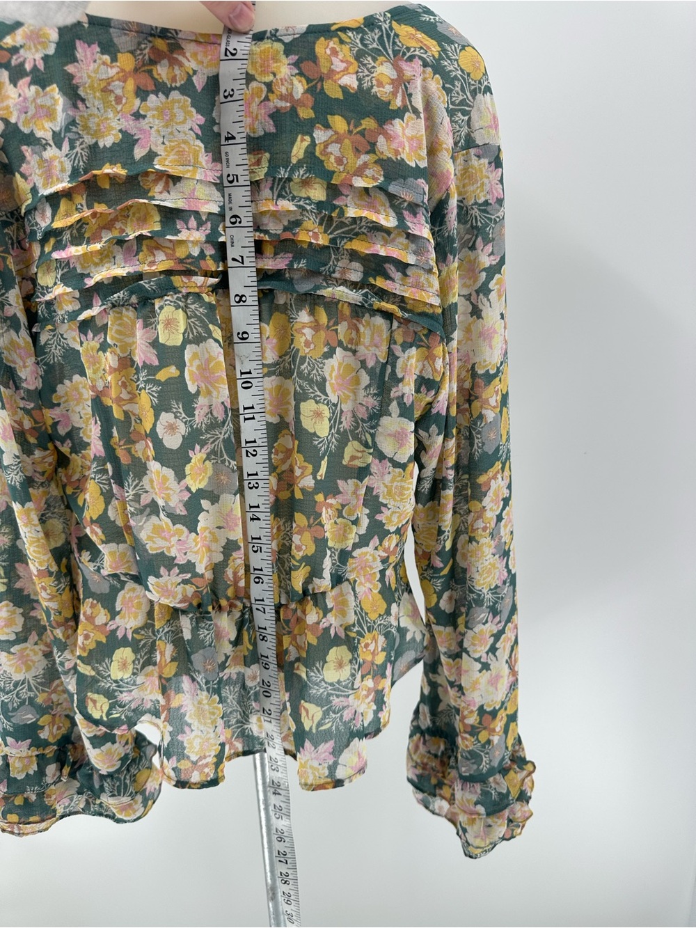 Free People Maybel Blouse Green Floral Ruffle Tie-Front Top Pink & Yellow Blooms - Picture 7 of 15